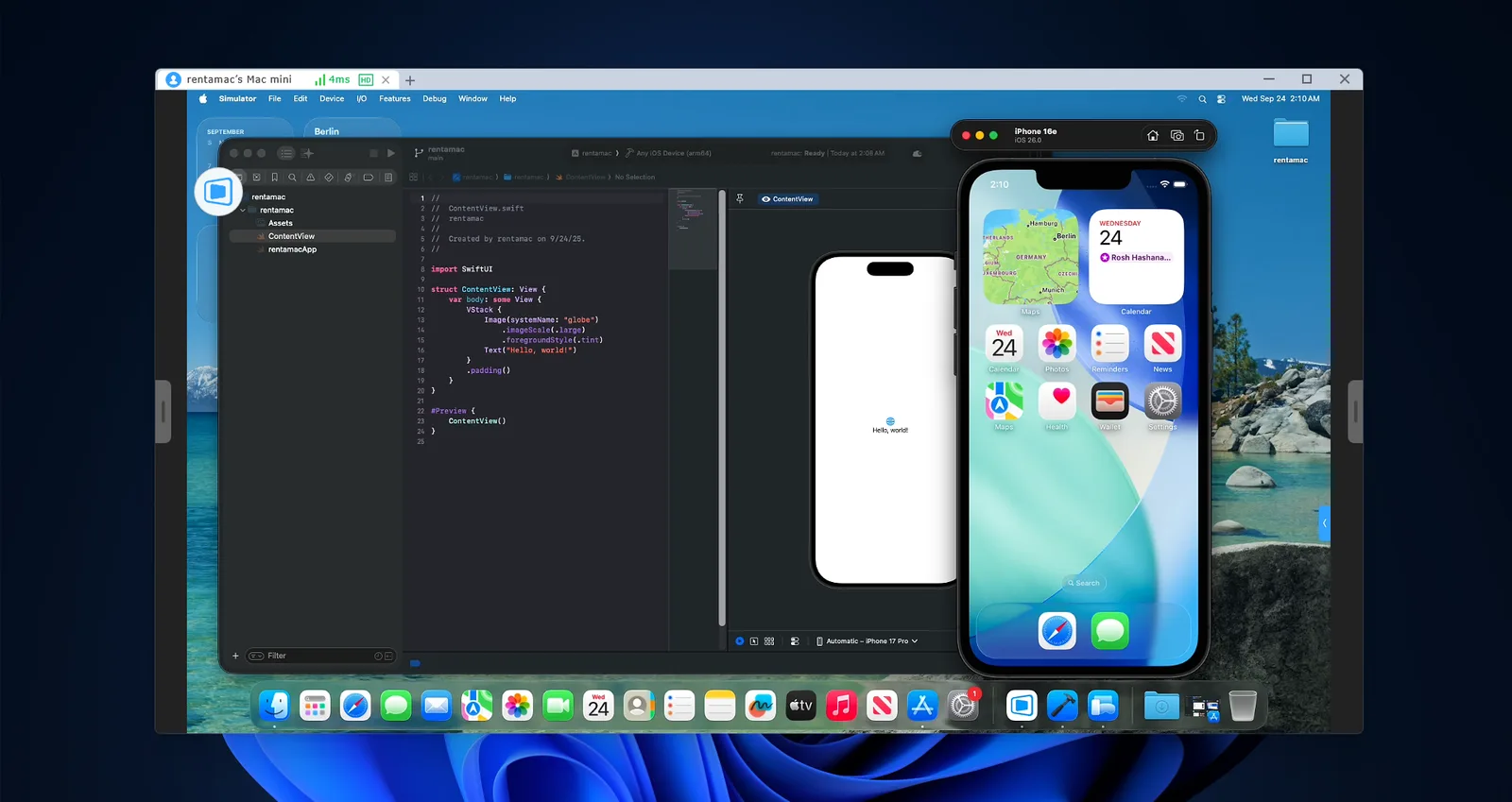 远程 Mac 上运行 Xcode 与 iOS Simulator 的工作画面